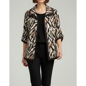 Chicos size 2 large Print Open Front Jacket Brown Tan White Roll Tab Sleeve